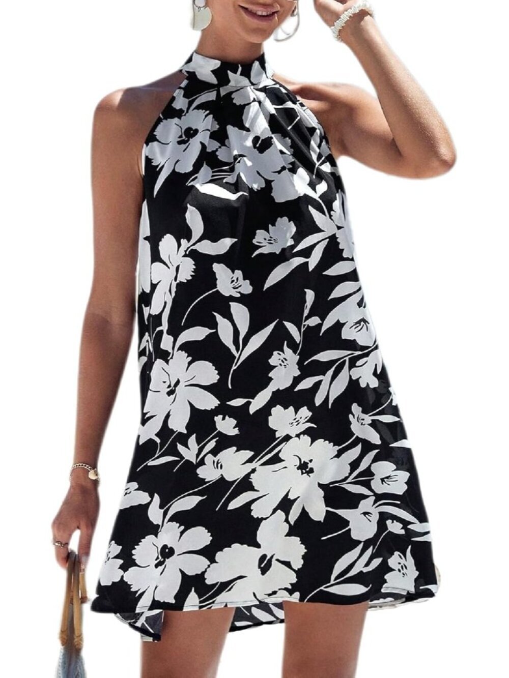 Women's Black/White Print Short Dress Sleeveless Halter Neck A Line Sundress